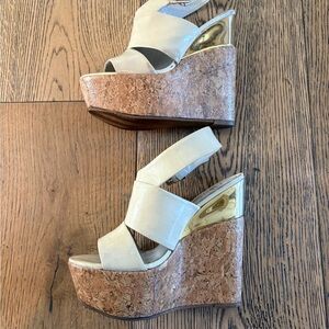 Alice + Olivia Cream and Gold Wedge Sandals